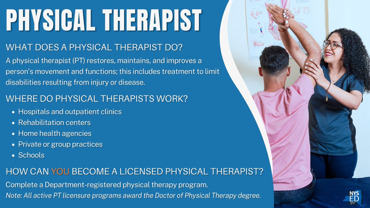 NYSEDNews's tweet photo. It’s National #PhysicalTherapy Month! NYS-licensed Physical Therapists promote optimum physical health through therapy by examining and evaluating a patient's condition and then planning and administering treatments. https://t.co/rnC4eDSwNE #ProfessionProfile https://t.co/E693yDxf6l