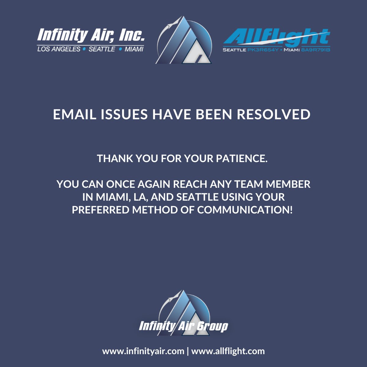 InfinityAirGRP's tweet photo. And, we're back! Thank you for your patience! You can now reach any of us in Miami, LA, and Seattle by email (though we love hearing from your voice!). https://t.co/Wtb4i7GNRF