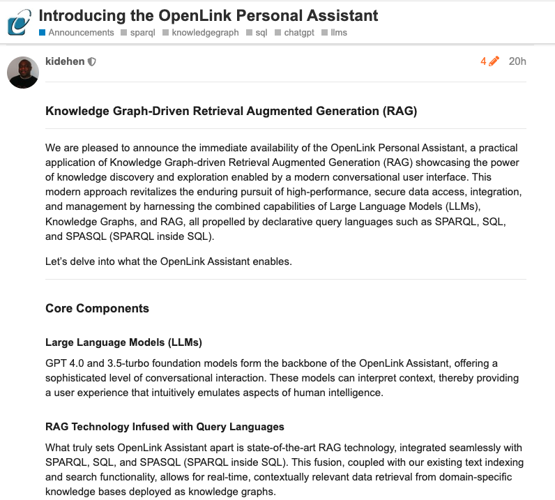 Our Personal Assistant is ready!

Harness the combined capabilities of Large Language Models (#LLMs), Knowledge Graphs, and RAG, all propelled by declarative query languages such as #SPARQL, #SQL, and #SPASQL (SPARQL inside SQL).

community.openlinksw.com/t/introducing-…

#KnowledgeGraph #AI