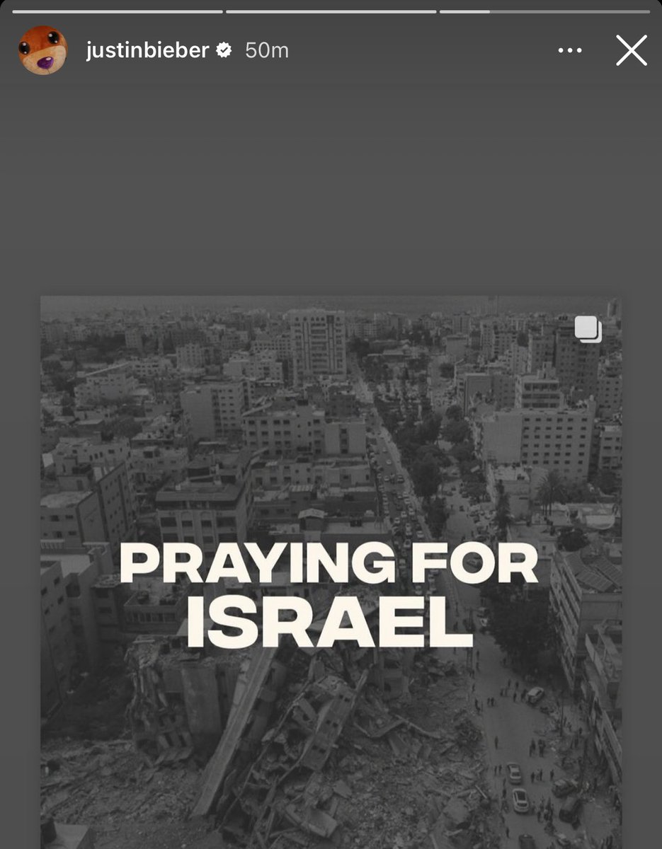 justin bieber posting “praying for israel” using a picture of a destroyed gaza is actually insane