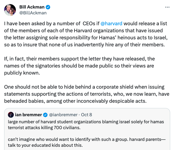 TVietor08's tweet image. That Harvard letter was horrendous, but it is insane for a 57-year-old billionaire to threaten to dox and destroy the careers of a bunch of kids. Maybe try talking to them?