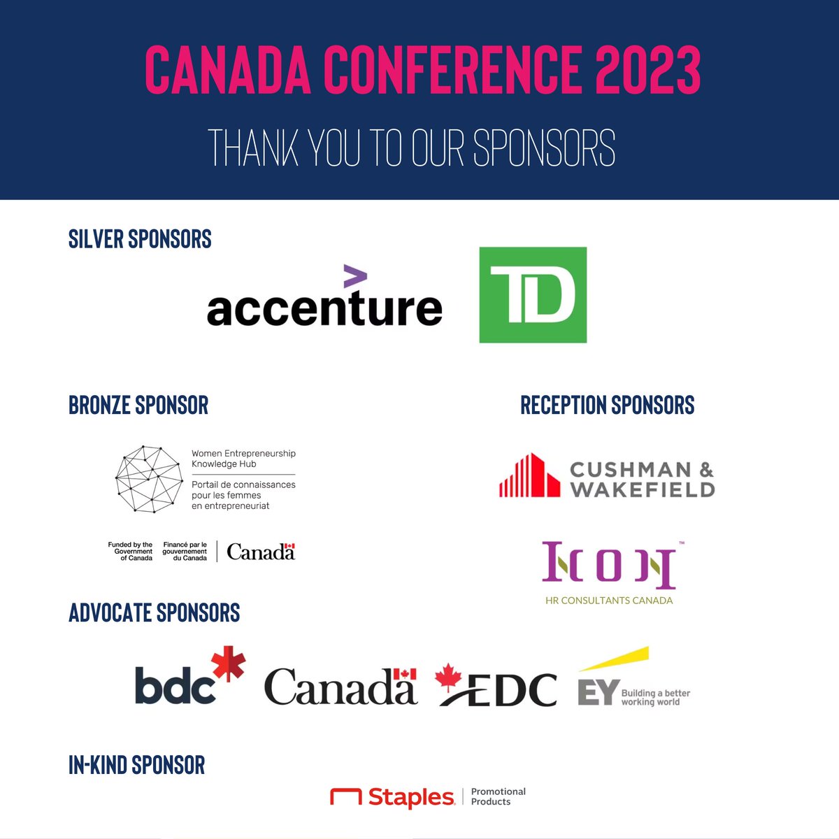WEConnectCanad1's tweet photo. Thank you to all the @WEConnection Canada Conference 2023 Sponsors!
Together we will make #ImpactThroughConnection @TD_Canada @Accenture @CushWake @wekh_pcfe @bdc_ca @ExportDevCanada @EYCanada @TCS_SDC @WorkWithIcon @staplespromo #wecommunity #womenowned #supplierdiversity https://t.co/FJRwkSJmUC