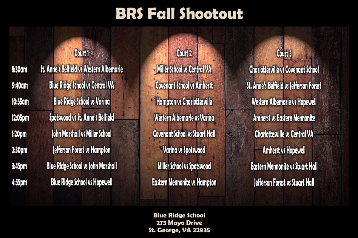 Schedule for Saturday’s event…
🏀🔥BRS Fall Shootout🔥🏀

<a href="/WAHS_MensBball/">WAHSBasketball</a> <a href="/STU_Sports/">Stuart Hall Sports</a> <a href="/FlameFamHoops/">Eastern Mennonite Boys Basketball</a> <a href="/CHS_mensbball/">Charlottesville Men's Basketball</a> <a href="/CCSEagleHoops/">Covenant Christian Boys Basketball</a> <a href="/HHS_HOOPS_VA/">Hopewell Basketball</a> <a href="/CrabberSports/">Hampton HS Crabbers</a> <a href="/MSAHoops/">Miller School Hoops</a> <a href="/JayemMarshall/">John Marshall Jayem Basketball</a> <a href="/Spotswood_Hoops/">Spotswood Basketball</a> <a href="/STABHoops/">St. Anne’s-Belfield Basketball</a> <a href="/BlueRidgeHoops/">Baron Basketball</a> <a href="/BoysVarina/">Varina Blue Devil Basketball</a>