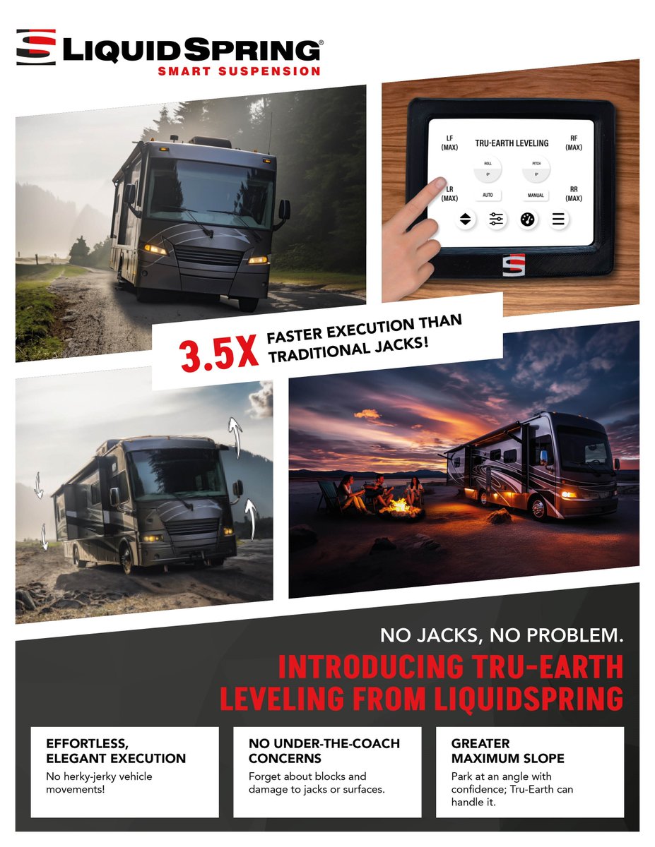 One-touch execution engages the leveling feature of <a href="/LiquidSpringLLC/">LiquidSpring LLC</a>  suspension tech 3.5x faster than traditional jacks! No jacks, no problem; avoid surface damage, under-the-coach concerns, &amp; effortlessly level with no jerky movements!
Learn more → bit.ly/47WN0Cr