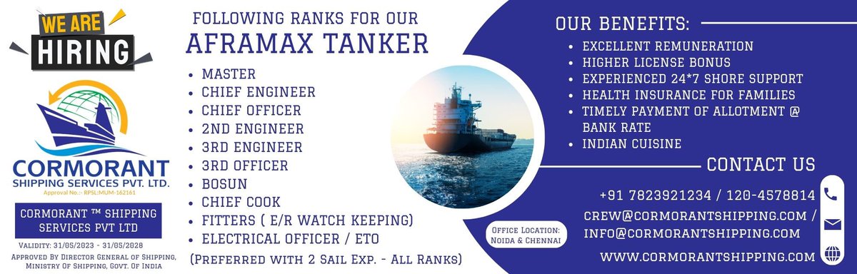 Hiring #chiefengineer #master #chiefofficer #2ndengineer #2ndofficer 
#allranks #tanker #vessel #ship #aframax