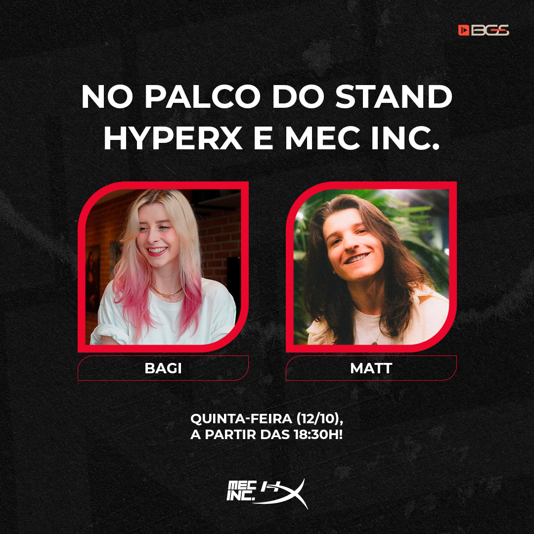 Tem mais encontro! A <a href="/oibagi/">Bagi</a> e o <a href="/cinemagrath/">matt</a> também vem nesta quinta-feira (12/10) para ver vocês no nosso Stand com a <a href="/HyperXBrasil/">HyperX</a>! 💙

#BGS23