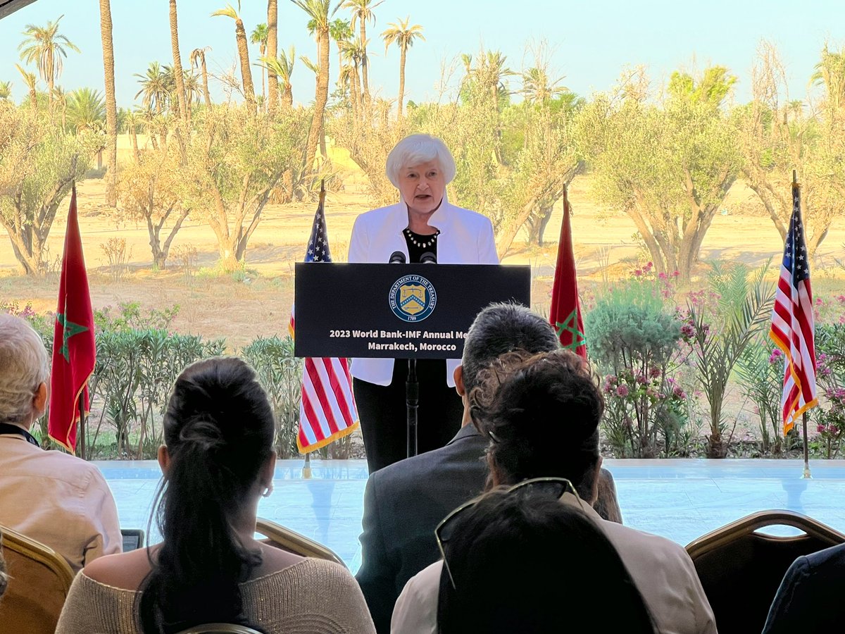 Ahead of the @WorldBank & @IMFNews Annual Meetings, @SecYellen hosted a press conference at the Water Museum in #Marrakech laying out her goals for her time in Morocco 🇲🇦 #AnnualMeetings