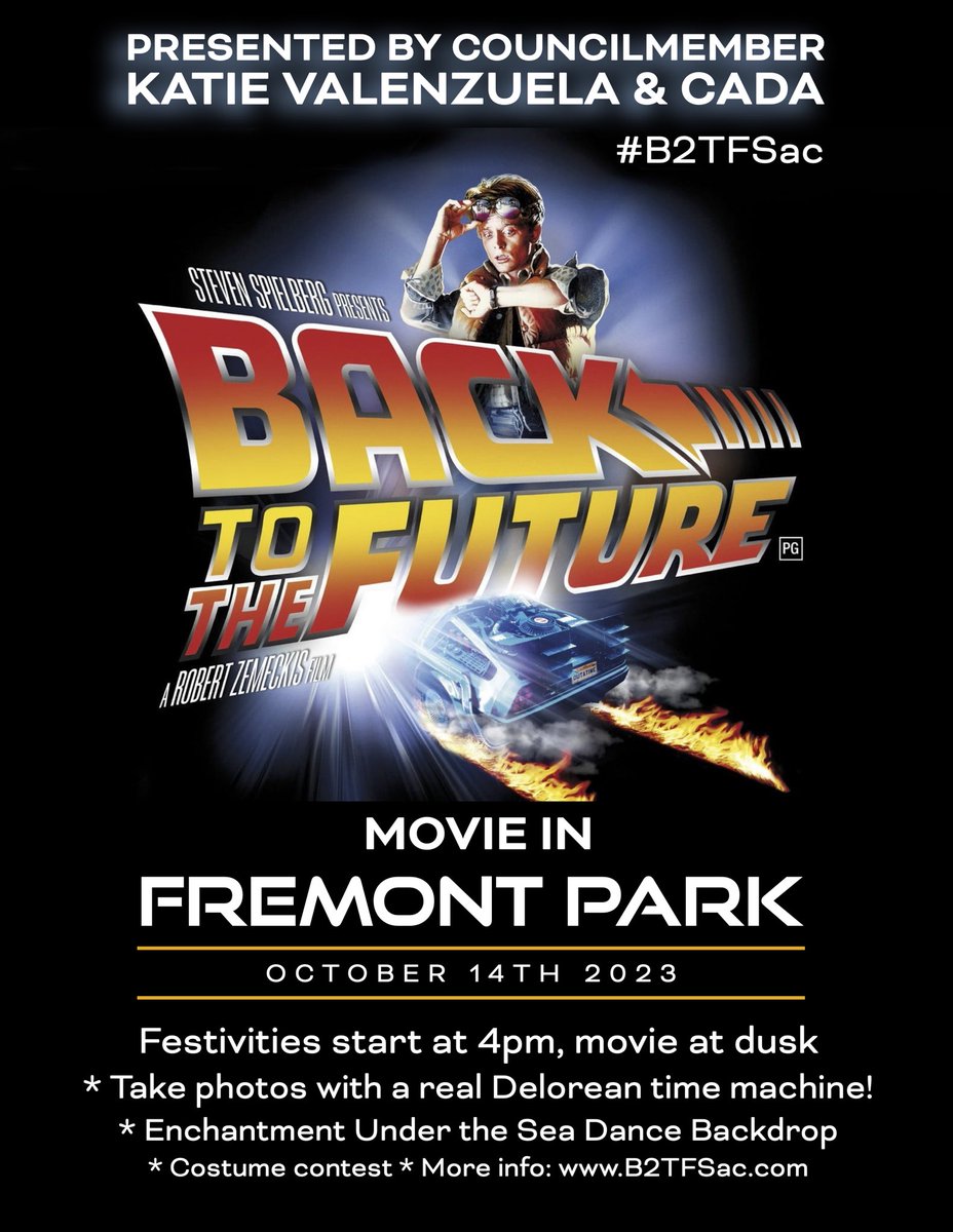 Councilmember Katie Valenzuela (@cmkvalenzuela) on Twitter photo 🚀💨 THIS SATURDAY!
🕞 Come time travel to 1955 with our office and <a href="/CADAapts/">CADA Apartments</a> at a free showing of the blockbuster hit, “Back to the Future”! Get up close and personal with the biggest star of the trilogy, the DeLorean Time Machine, which will be on-site for photographs from 🚀💨 THIS SATURDAY!
🕞 Come time travel to 1955 with our office and <a href="/CADAapts/">CADA Apartments</a> at a free showing of the blockbuster hit, “Back to the Future”! Get up close and personal with the biggest star of the trilogy, the DeLorean Time Machine, which will be on-site for photographs from