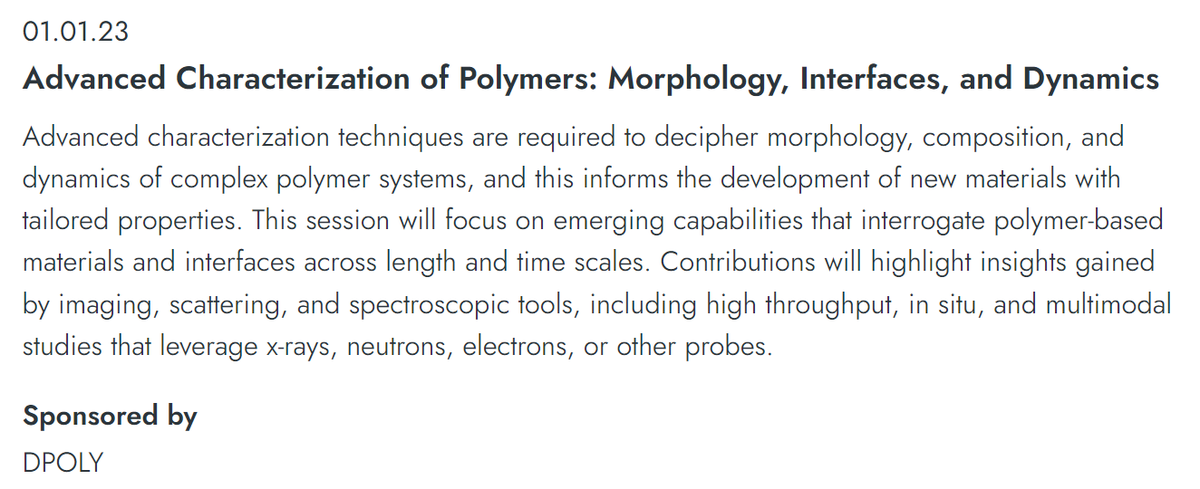 Su Materials Lab (@sumaterialslab) on Twitter photo Please consider submitting an abstract to the DPOLY session "Advanced Characterization of Polymers: Morphology, Interfaces, and Dynamics" organized by <a href="/Xiaodan_Gu/">Xiaodan Gu</a> and myself. Abstracts are due October 20, 2023! Please consider submitting an abstract to the DPOLY session "Advanced Characterization of Polymers: Morphology, Interfaces, and Dynamics" organized by <a href="/Xiaodan_Gu/">Xiaodan Gu</a> and myself. Abstracts are due October 20, 2023!