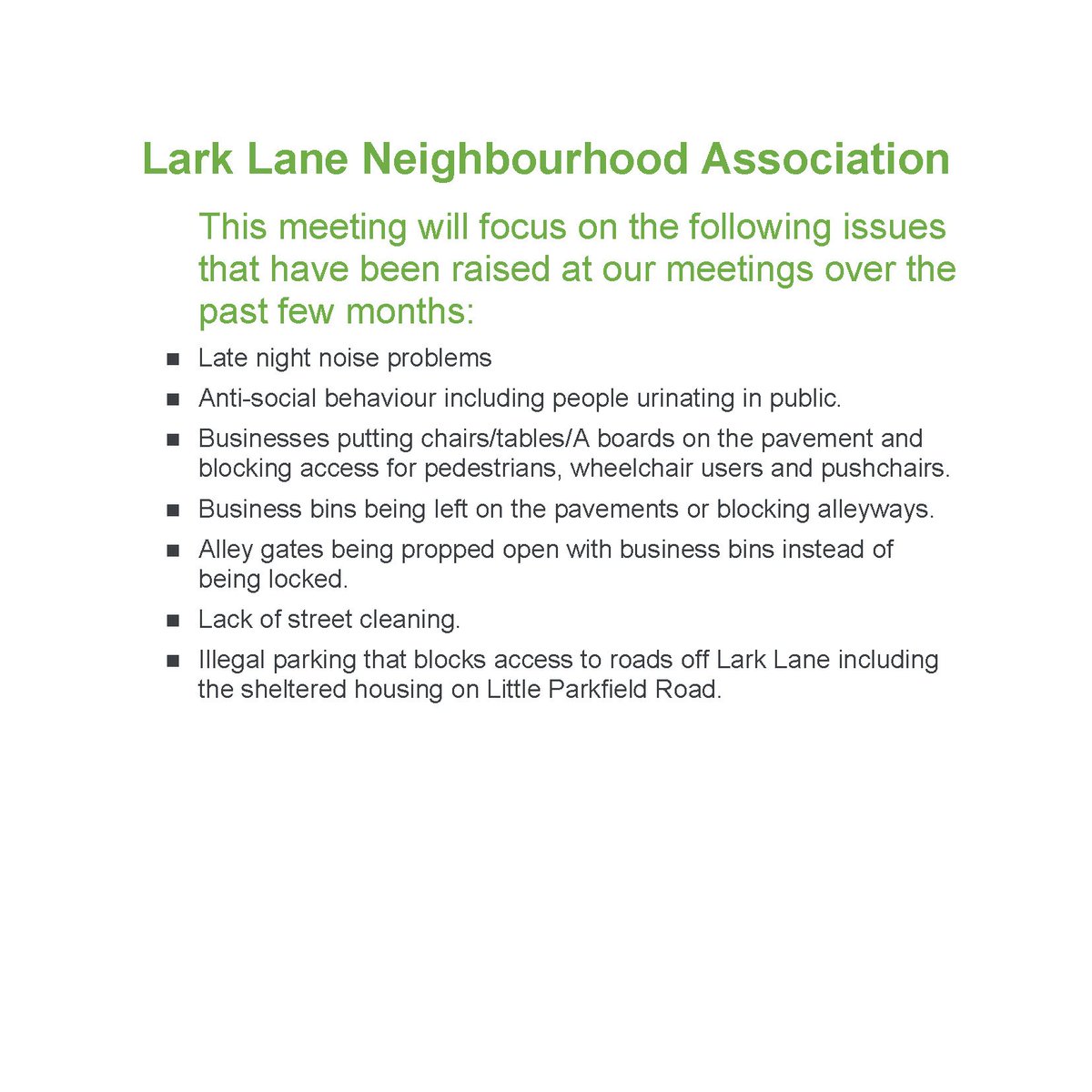 LovingLarkLane's tweet photo. LARK LANE NEIGHBOURHOOD ASSOCIATION MEETING

To Discuss Current Issues on Lark Lane

Tuesday 28 November @ 7-9pm
In person @ Sunflowers, 21 Aigburth Road, L17 4JR
Or on Zoom - for link and password contact Helen at:
larklaneneighbourhood@gmail.com https://t.co/F60zl07rRg