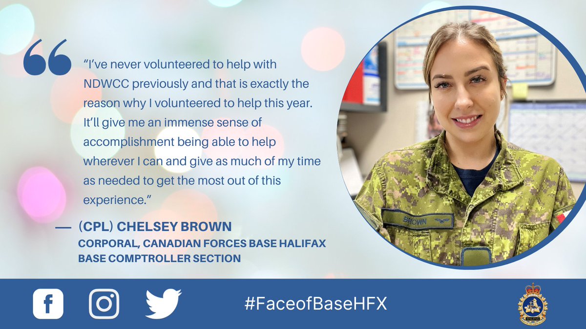 CFB_BFCHalifax's tweet photo. Meet this week’s #FaceofBaseHFX, Cpl Brown! Learn about her job working in the Base Comptroller section and how she’s supporting the 2023 #NDWCC here: https://t.co/t5KJB4vgh5 https://t.co/4VqOeVowGR