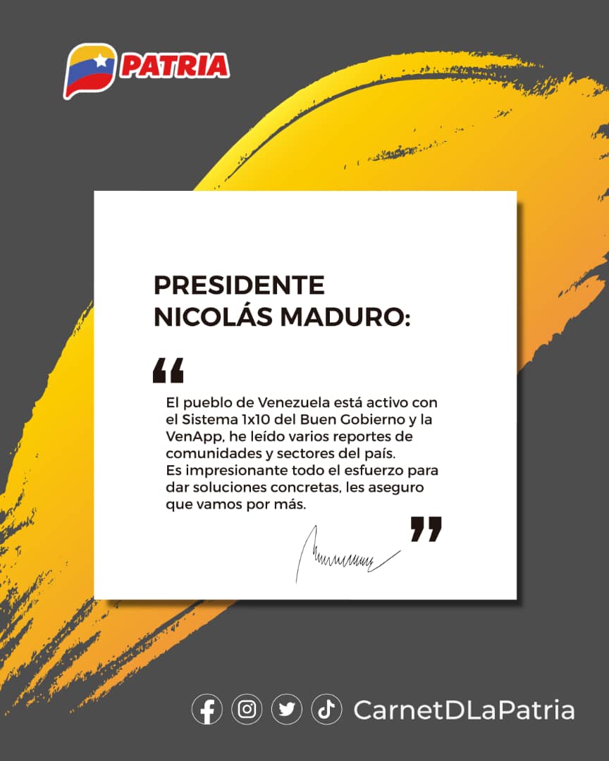 #AsíLoDijo nuestro presidente <a href="/NicolasMaduro/">Nicolás Maduro</a>: "El Sistema 1x10 del Buen Gobierno, ha sido un éxito de la Revolución Bolivariana, una herramienta milagrosa que atiende en tiempo real las propuestas del pueblo". 

¡Trabajo en Equipo! ¡Victoria Segura!

#JuventudPatriótica #11Oct