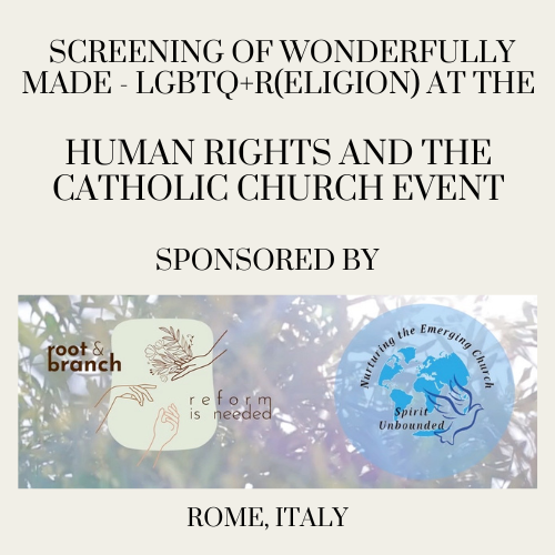 Wonderful_Made_'s tweet photo. Tonight, the trailer of “Wonderfully Made - LGBTQ+R(eligion)” was screening at the Human Rights and the Catholic Church event in Rome, Italy.

This event is sponsored by Spirit Unbounded and Root &amp; Branch.  @RootBranchSynod  @SpiritUnbounded https://t.co/mKOt2svzby