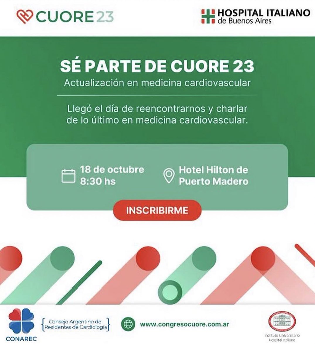 Estamos a una semana de #CUORE23

Actualizaciones en medicina CV🫀
Talleres 🖥️
Simposio interresidencias junto con <a href="/CONAREC_ORG/">CONAREC</a> 
 Y mucho más! 

📆18 de octubre 

📍Hotel Hilton, Puerto Madero 

✅ Actividad no arancelada

Inscribite ‼️

congresocuore.com.ar