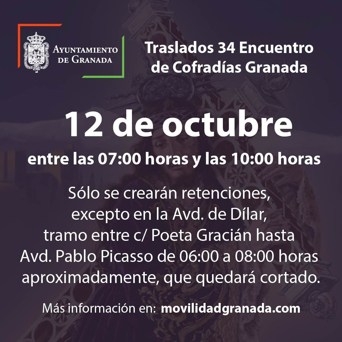 PoliciaGr's tweet photo. Mañana, 12 de octubre, continúan los traslados de las imágenes del @34ENC a la catedral.
Un total de 16 cofradías iniciarán sus recorridos desde las 6:00 horas, haciendo sus entradas por la Puerta del Perdón entre las 8:00 y las 10:00 horas.
Habrá cortes y desvíos de tráfico. https://t.co/wMXWPdOYW3