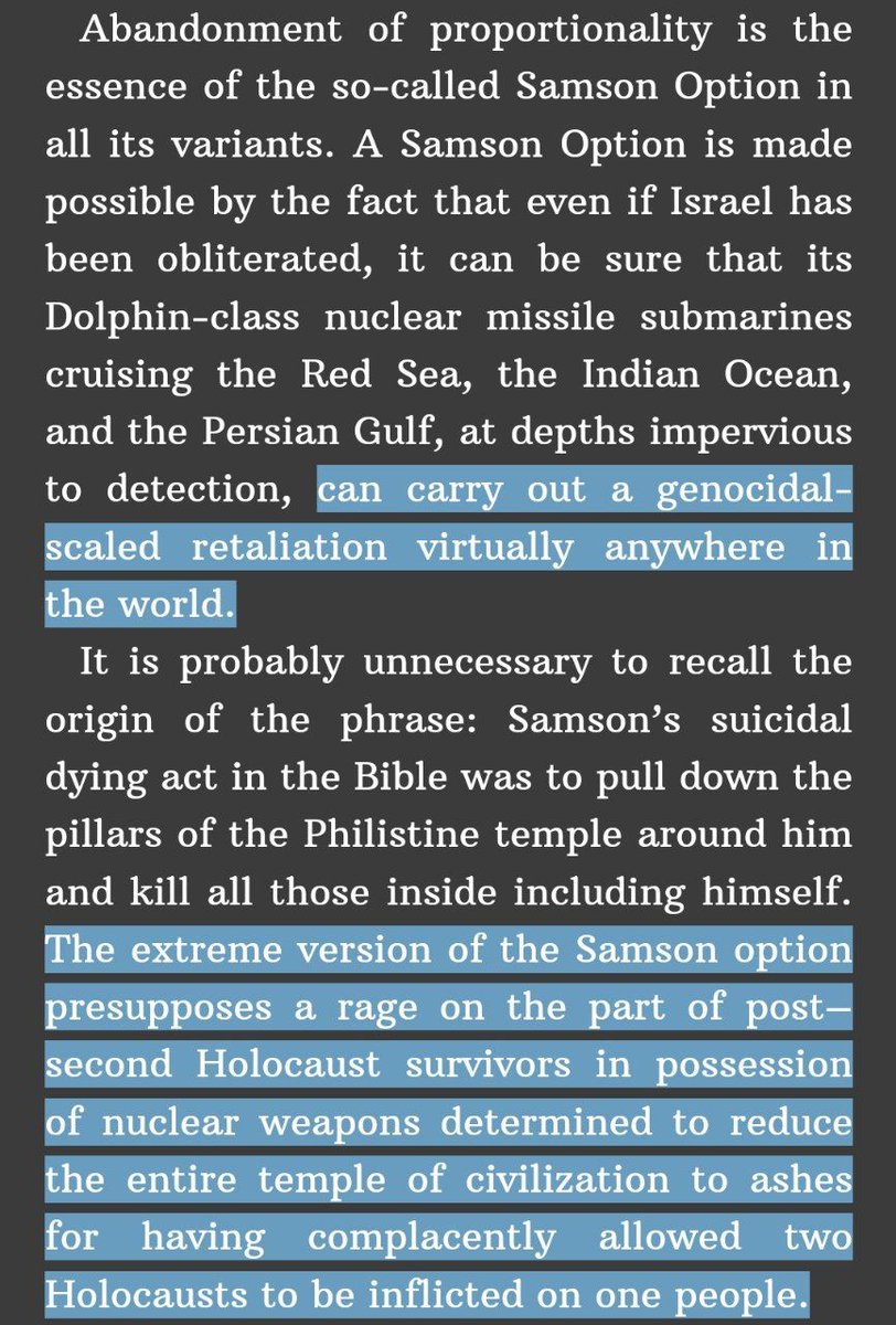 Have you heard of the Samson Option? 🇮🇱

It's Israel's plan to create a nuclear holocaust and destroy civilization if their state is ever threatened with destruction.

It includes destroying "pillars of the world" like European capitals.

Does this sound like an ally to the West?
