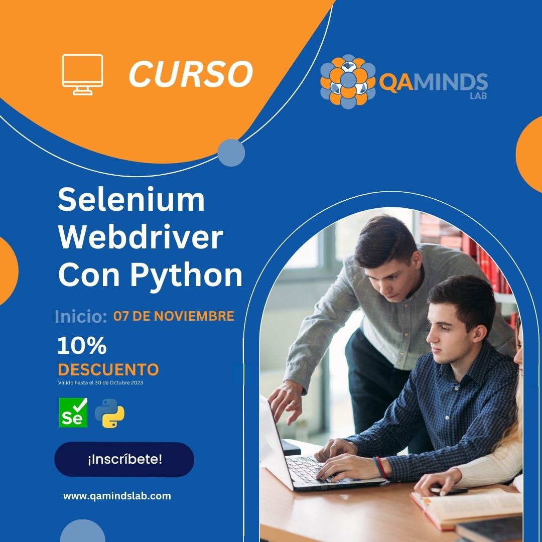 qamindslab's tweet image. Curso de #SeleniumWebDriver con #Python.
Aprenderás a identificar casos de prueba de alto valor para el negocio. Dominarás la planificación y gestión de procesos de pruebas efectivos. Podrás crear tus propios frameworks.
Inscríbete ahora mismo en: bit.ly/3CuB4di