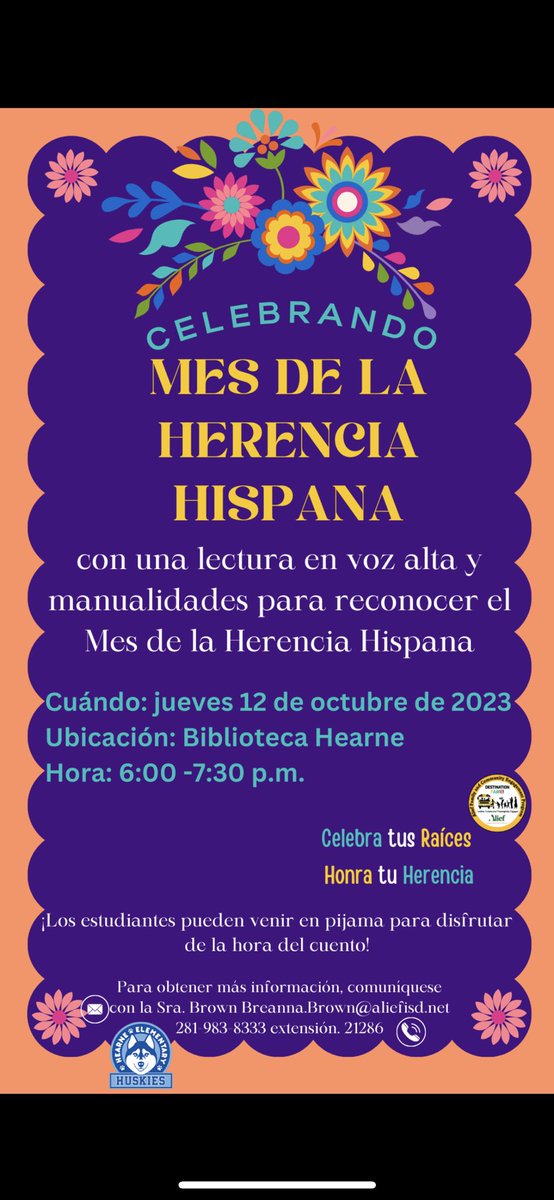 Join us for Literacy Night celebrating Hispanic Heritage Month. Thursday October 12th at 6:00 pm in Hearne’s new library 🌟Únase a nosotros para la Noche de Alfabetización que celebra el Mes de la Herencia Hispana. Jueves 12 de octubre a las 6:00 P.M 📚<a href="/hearnehusky/">Hearne Elementary</a> <a href="/HearneES_Lib/">HearneES_Lib</a>