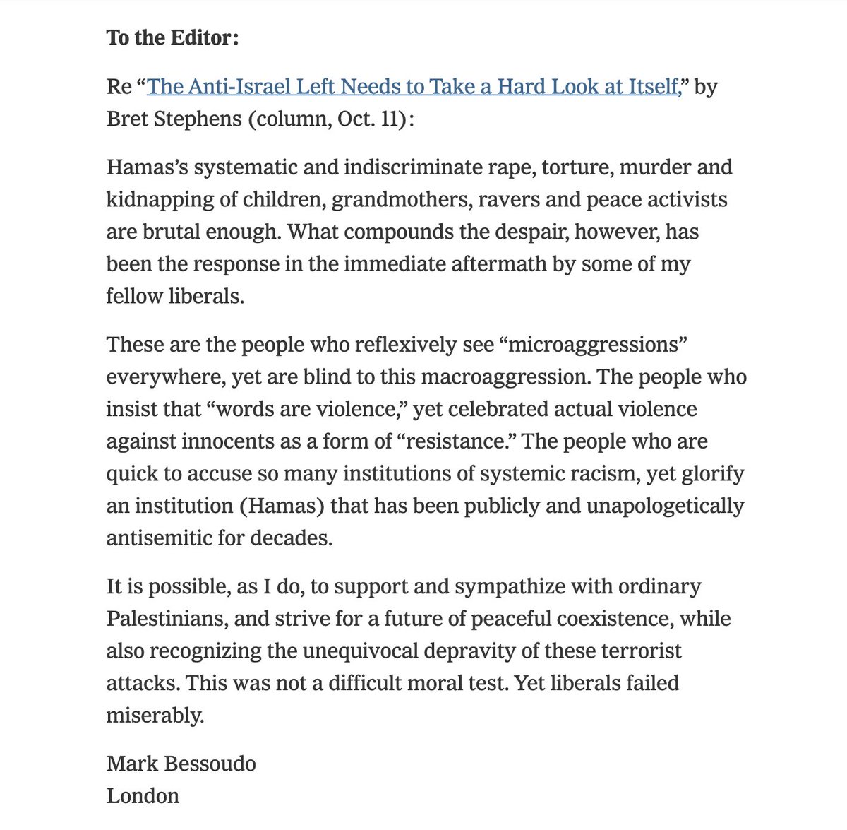 'How the Left Is Reacting to the Hamas Atrocities' My letter in the New York Times nytimes.com/2023/10/11/opi…