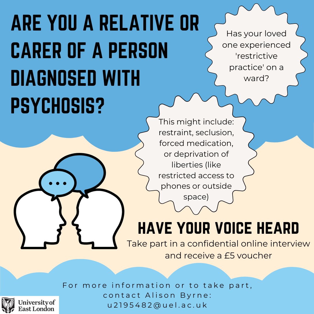 Alison_UEL's tweet photo. If someone you care for experiences #psychosis and has faced #restrictivepractice #restraint #seclusion on UK #inpatient wards, I'd love to speak to you. Have your voice heard in a safe, confidential space &amp; contribute to important conversations. DM/email for info💬#nhs #carers https://t.co/DZfAXpCSi5