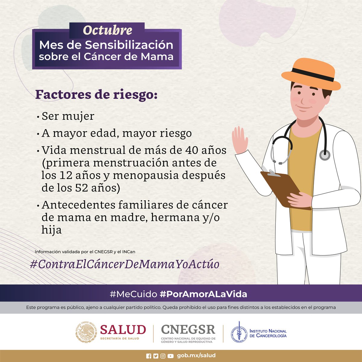 ConsulMexSju's tweet image. Conoce los factores de riesgo que aumentan las posibilidades de padecer #CáncerDeMama.  Sí se detecta a tiempo es curable.

#ContraElCáncerDeMamaYoActúo #PorAmorALaVida #Observo #Toco #Siento