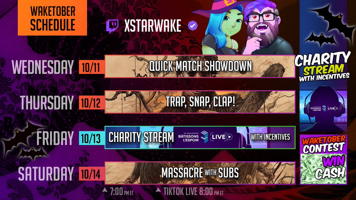 XStarWake's tweet photo. 📢CHARITY STREAM ANNOUNCEMENT📢
Get ready to power up positivity this Waketober! Join us in an epic gaming marathon dedicated to promoting mental health awareness through the Douglas Foundation. Together, let's game for good and spread the message that a brighter future begins with every pixel and play. Game on for mental health! 

W | Quick Match Showdown  
T | Hitchhiker's Trap, Snap, Clap!  
F | Charity Stream With Incentives
S |  Massacre With Subs