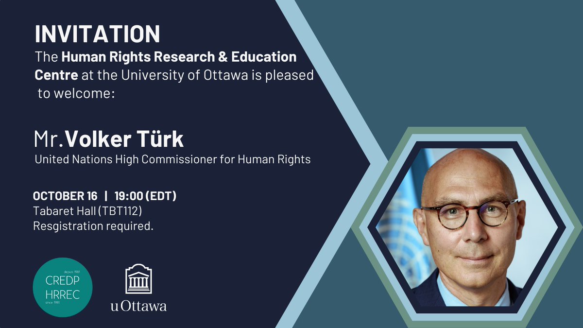 🗓️OCT 16
🕖7 pm

The <a href="/uOttawaHRREC/">uOttawa CREDP (@uottawahrrec.bsky.social)</a> &amp; Neuberger-Jesin Professor <a href="/JP_Peacemaking/">John Packer</a> are honoured to welcome High Commissioner <a href="/UNHumanRights/">UN Human Rights</a> <a href="/volker_turk/">Volker Türk</a> at the <a href="/uOttawa/">Université d'Ottawa | University of Ottawa</a> for his first and only public address in Canada.

Registration required: uottawa.ca/research-innov…