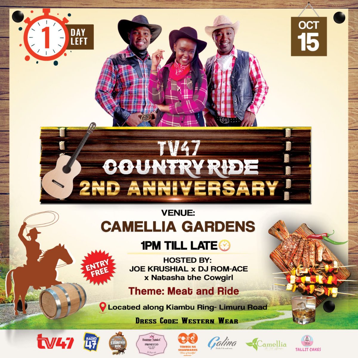 Time to meat 🍗and ride. Join us and @tv47news this coming Sunday from 1 pm at the Camellia Gardens along Kiambu Ring-Limuru Road as we celebrate the 2nd Anniversary of the #TV47CountryRide. #MwashumbeNaMwakideu #HapaNdipo