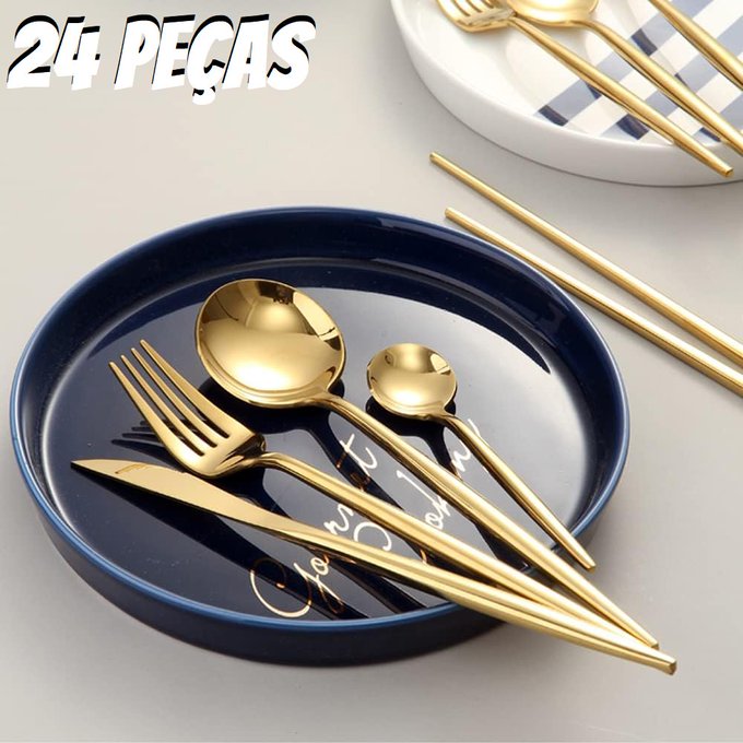 Conjunto De Talheres Aço Inoxidável 24 Pcs Faqueiros Kits (Dourado)