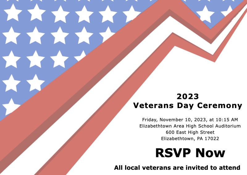 etownPAschools's tweet photo. EAHS is proud to announce that it will be hosting a special Veterans Day ceremony on Nov. 10, to honor the brave men and women who have served in our Armed Forces. We invite all veterans to join us in this special event.

Full details and RSVP⬇️
https://t.co/oAbABn2Rcl https://t.co/G26IJkwu3j