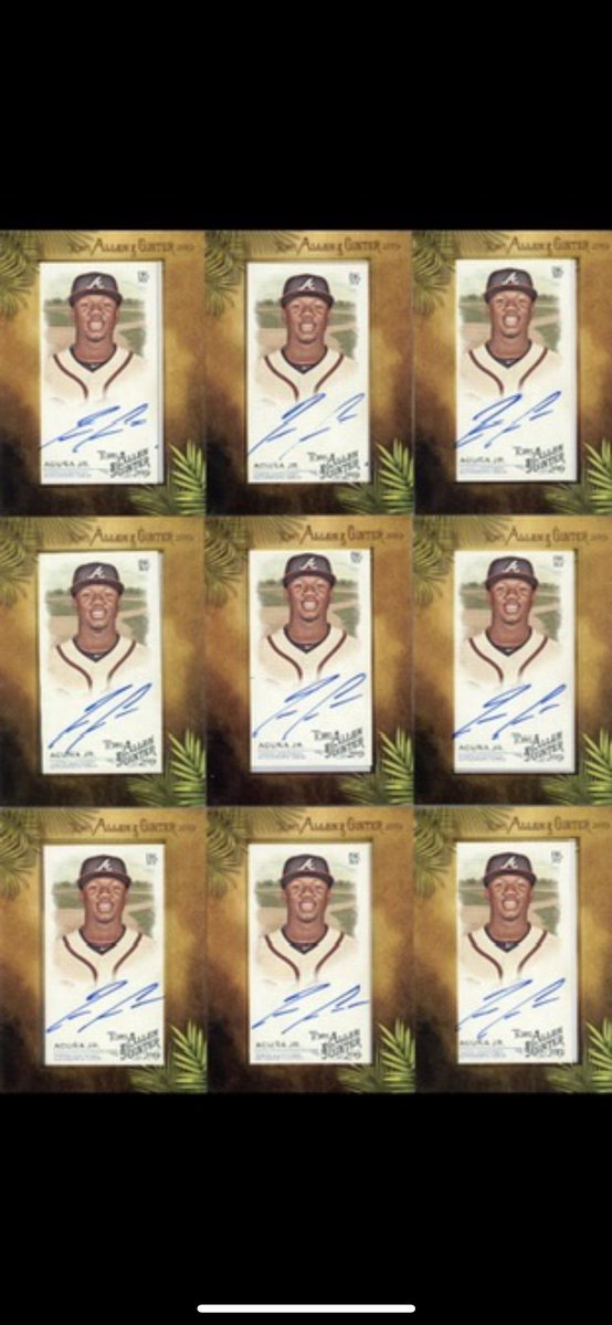 ArumsCards's tweet image. Let’s try this again, but a little easier. If Acuña hits a homer tonight AND the Braves win, I’ll give away one of these Allen &amp;amp; Ginter autos to someone that follows me and retweets this! #AsOneATL