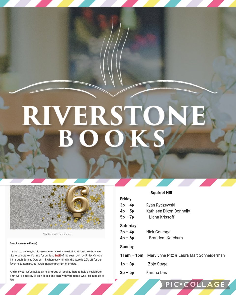 This Sunday I'll be helping <a href="/riverstonepgh/">Riverstone Books</a> celebrate their 6th birthday! I'll be at the Squirrel Hill store from 1-3pm - come get a bookmark, or get a book signed, or just stop by and say hi!! 😁