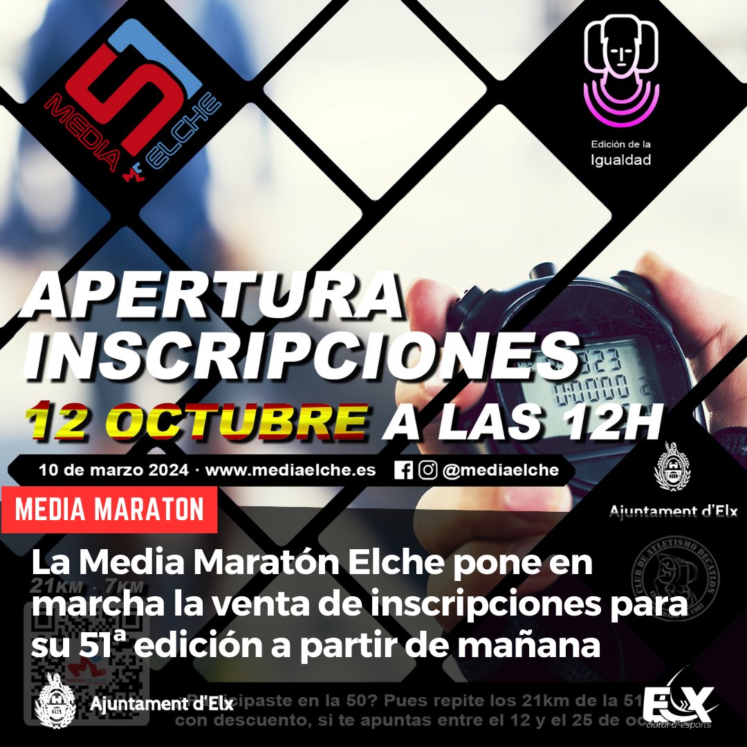 La apertura de las inscripciones para la 51ª edición <a href="/mediaelche/">MEDIAMARKT ELCHE</a> 🏃‍♂️ se hará mañana, jueves 12 de octubre, a partir de las 12:00 horas del mediodía, con descuento para participantes de la anterior edición.

#elx #elche #deporteselche #MediaElche #MediaMaratónElche