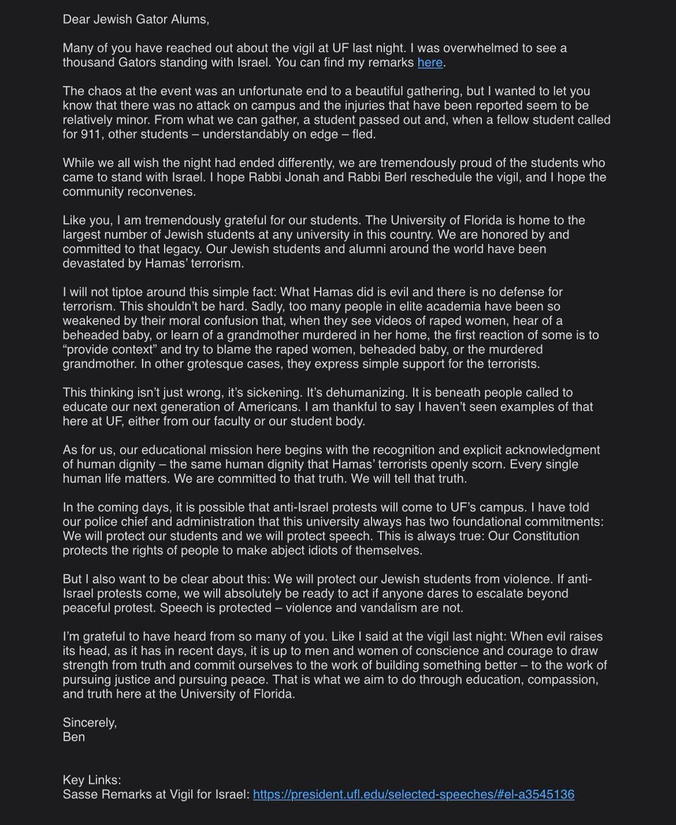 This statement by University of Florida president (and former senator) <a href="/BenSasse/">Ben Sasse</a> is such a wonderful ray of clarity, principle, and genuine warmth -- in contrast to the cold, committee-written word salad from the Ivy League presidents.