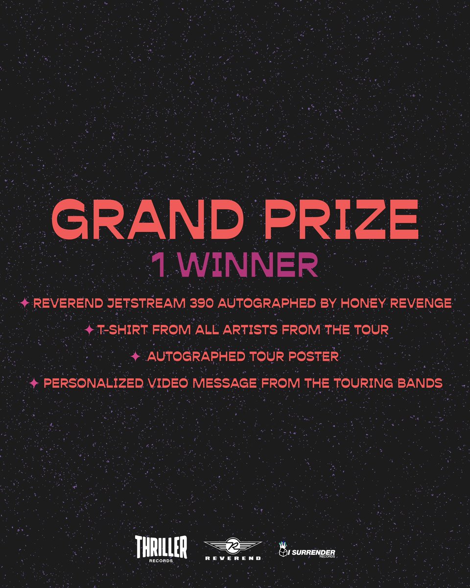 honeyrevengeca's tweet photo. In honor of "THE RETROVISION TOUR" we are giving away an autographed Jetstream 390 from @reverendguitars and more prizes from @thisispollyanna and @colorblindtx. Enter this Tour Sweepstakes now with the link by October 30th https://t.co/jh23Gfswu6 https://t.co/54MyFrzuoI