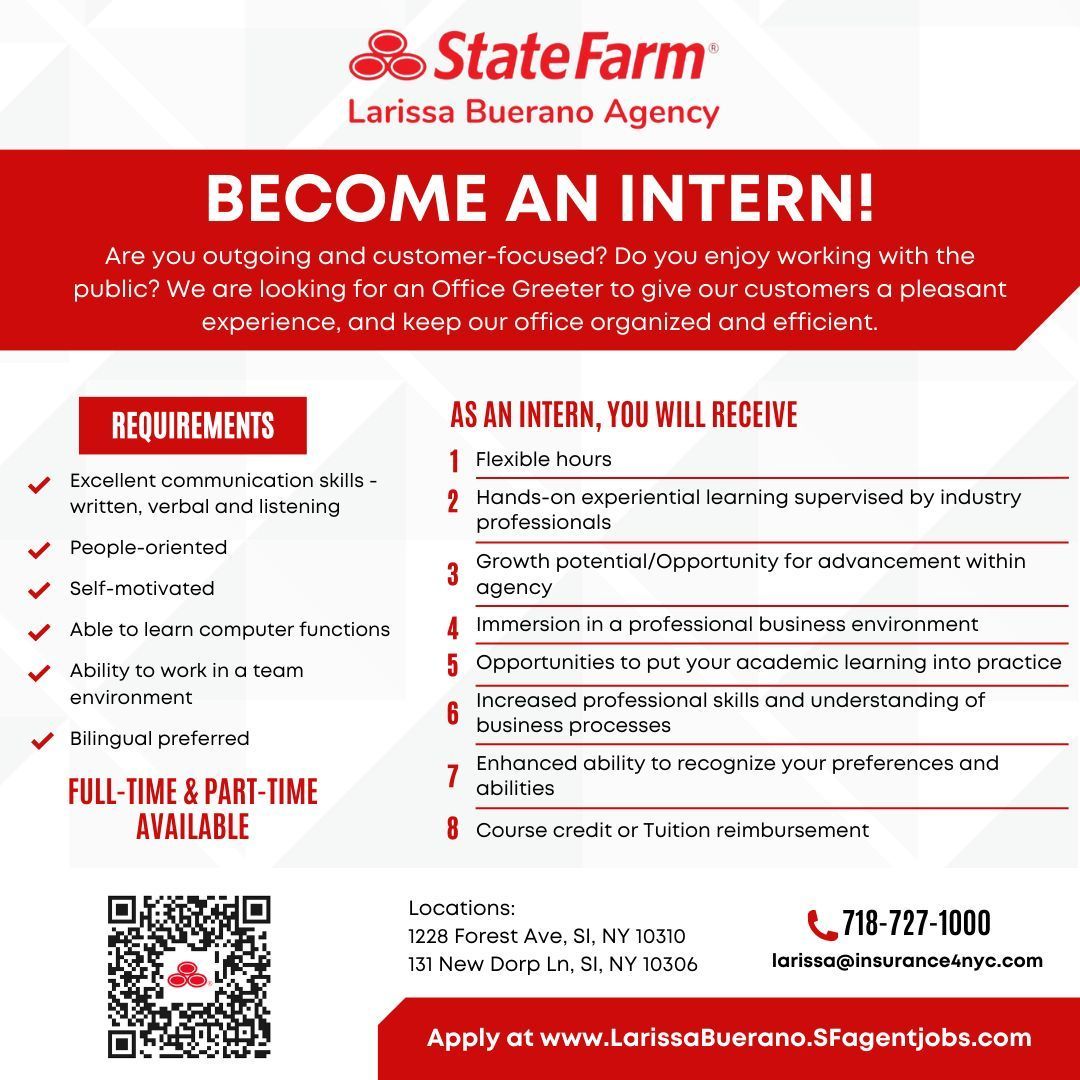 Attend the Connect for Success Career Fair on October 25 at the Staten Island Hilton Hotel to meet with State Farm Larissa Buerano Agency to learn more about interning. 

Register on Handshake: buff.ly/3Ziq9xd