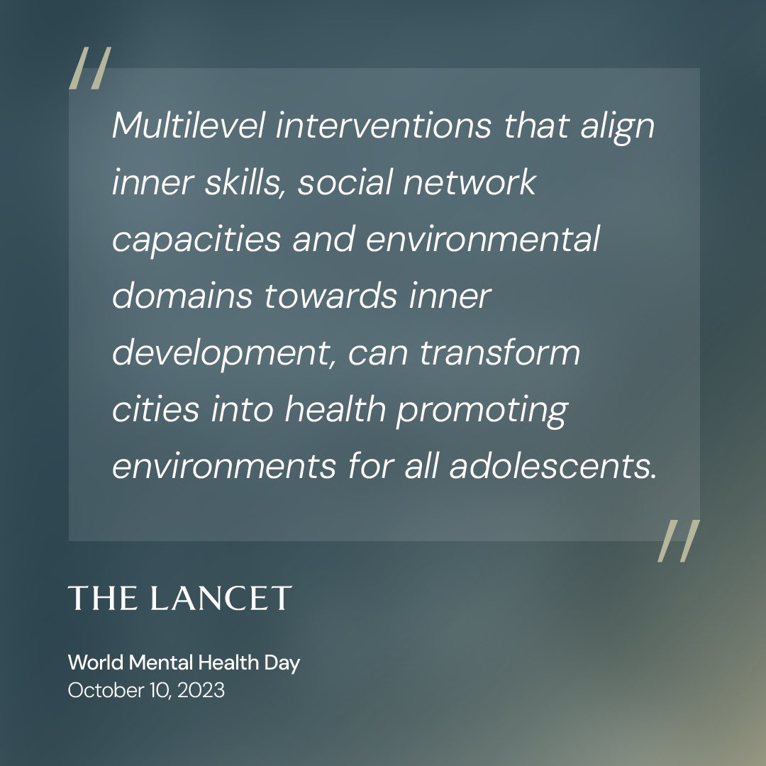 In <a href="/TheLancet/">The Lancet</a> we discuss how cities can help transform mental health and wellbeing of adolescents. 
Read our comment bit.ly/45raHAc
“Why cities matter for mental health and wellbeing”
#WorldMentalHealthDay 
#MentalHealthMatters 
#Wellbeing 
#SystemThinking 
#UrbanOctober