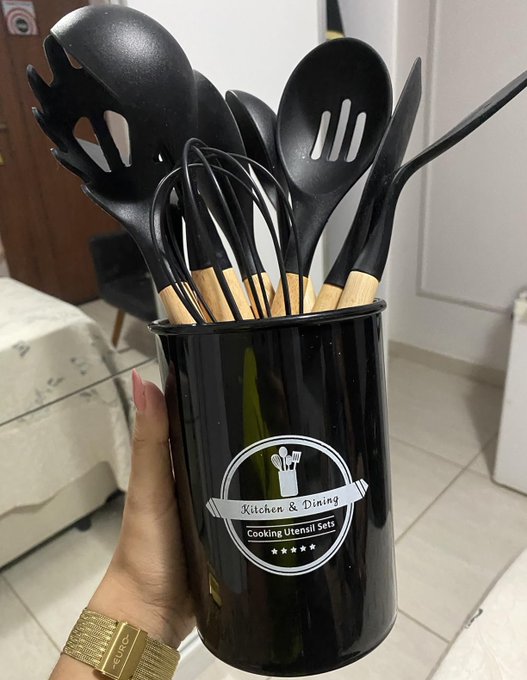 Jogo Utensílios de Cozinha Silicone Cabo de Madeira MM House (Preto)