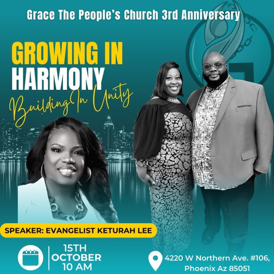 PhxGrace's tweet photo. This Sunday, Oct 15th at 5pm will conclude Grace The People’s Church 3 year Anniversary. Come worship and shout with us to celebrate another year God has brought us into.

No Bible study tonight as we prepare for this Sunday. https://t.co/VeM7Jhk2eG