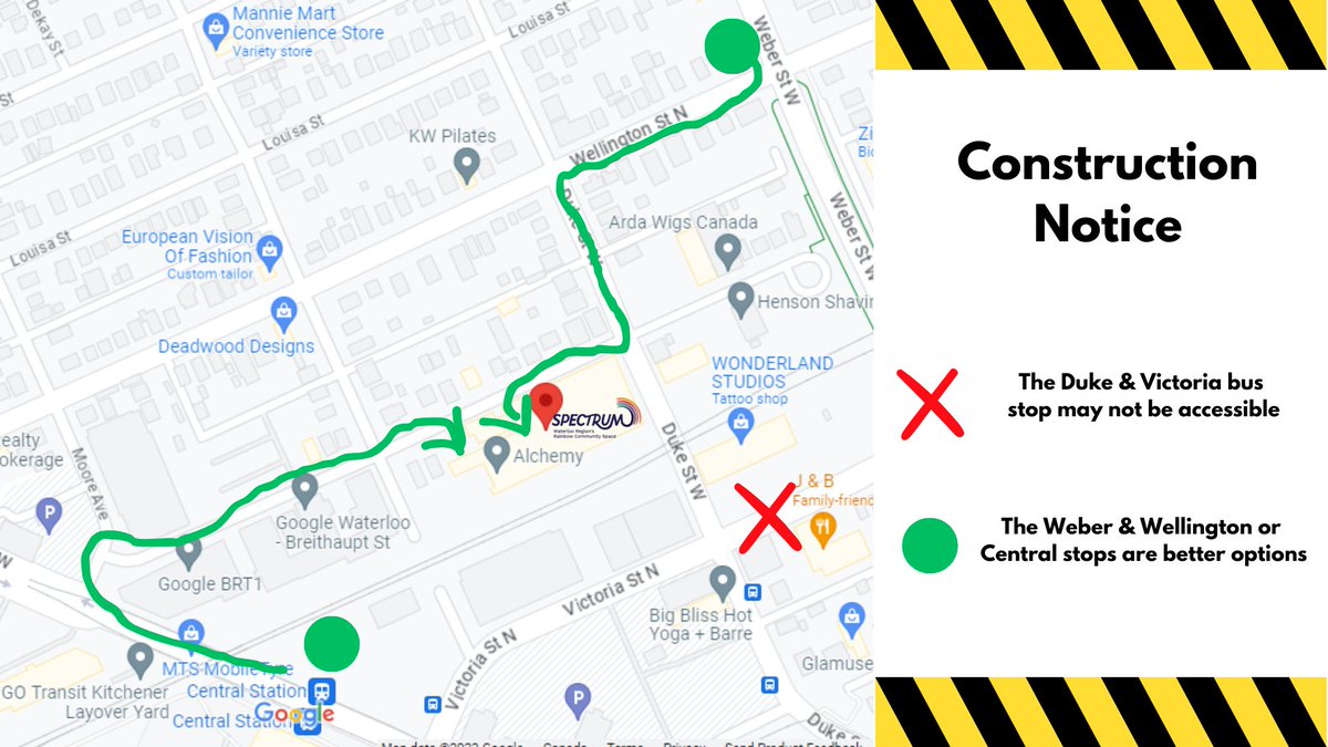 Please note that from Oct 3-Nov 17 there is construction happening around our building that might make it more challenging for you to find us! In particular, the bus stop at Duke &amp; Victoria may not be available. Find details at ourspectrum.com/2023/10/03/con…