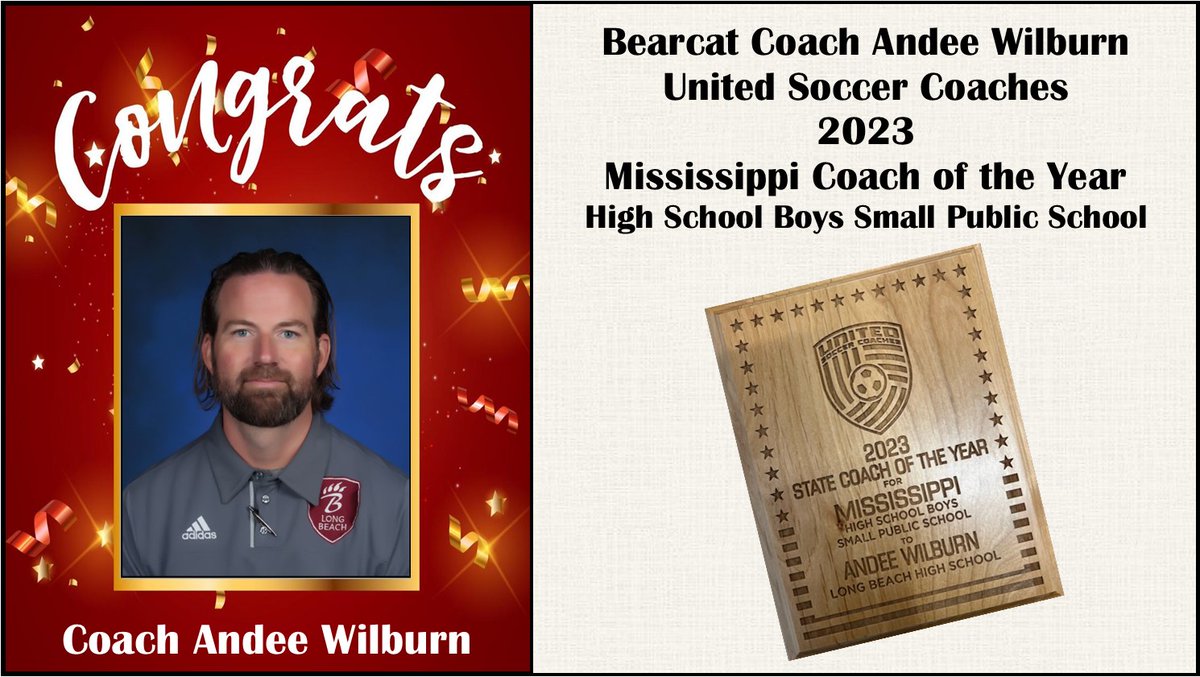 LB_Athletics's tweet photo. Bearcat Nation is proud of Coach Andee Wilburn for being named United Soccer Coaches 2023 Mississippi Coach of the Year for High School Boys Small Public School. Congratulations Coach on your well-deserved honor! https://t.co/sLqZ9w8yyj