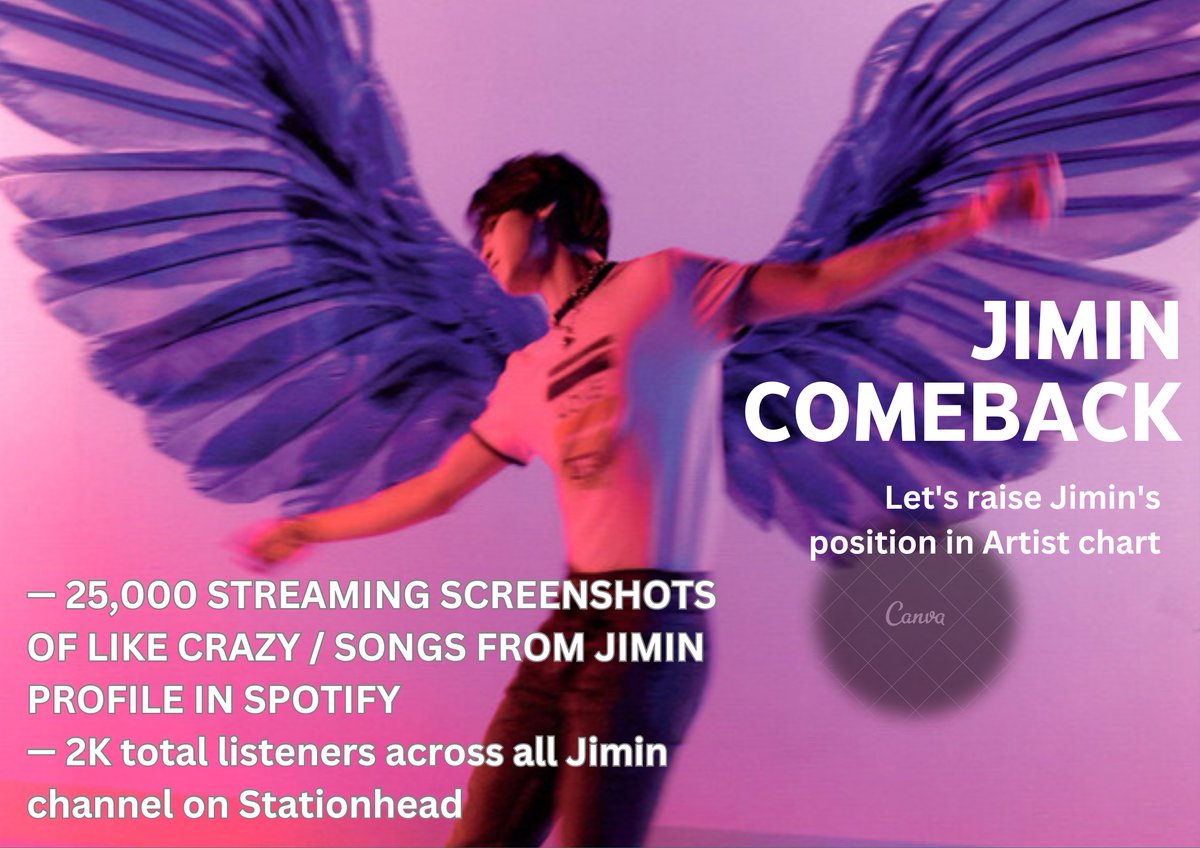 pjm_streaming's tweet photo. [JIMIN COMEBACK]

⏰ : now - 13 Oct at 9am kst (24hrs)

🎯 :
— 25,000 streaming screenshots of songs from Jimin profile in Spotify
— 2000 total listeners on Jimin channel on stationhead

💰 : $1500 to buy face for MAMA

drop ur streaming ss below👇

RISE OF JIMIN
#StreamForJimin https://t.co/mz7lieSZmD