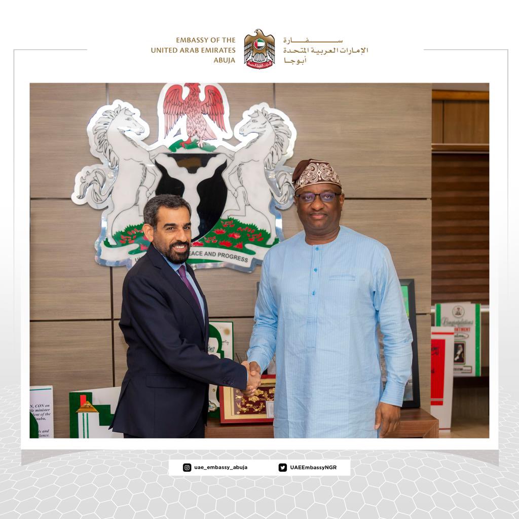 UAEEmbassyNGR's tweet photo. H.E. Salim Saeed Al Shamsi, UAE Ambassador to Nigeria, met with H.E. Festus Keyamo, Minister of Aviation and Aerospace of the Federal Republic of Nigeria. They discussed several topics of mutual interest and explored avenues to enhance cooperation between #UAE_Nigeria https://t.co/yTgeodaRB3