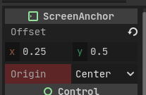 the_duriel's tweet image. #GodotTips #GodotEngine: Ever wanted to just, pin a Control element to a specific screen position in percent? Like, &quot;10% off the edge of the top left and bottom&quot; or &quot;exactly centered, always&quot;.

Anchors can approximate that. (You need to math it out though.) This guarantees it: