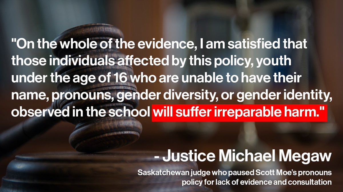Scott Moe's policy will cause irreparable harm to our kids. 

That's why Justice Michael Megaw called for more consultation.

#skpoli