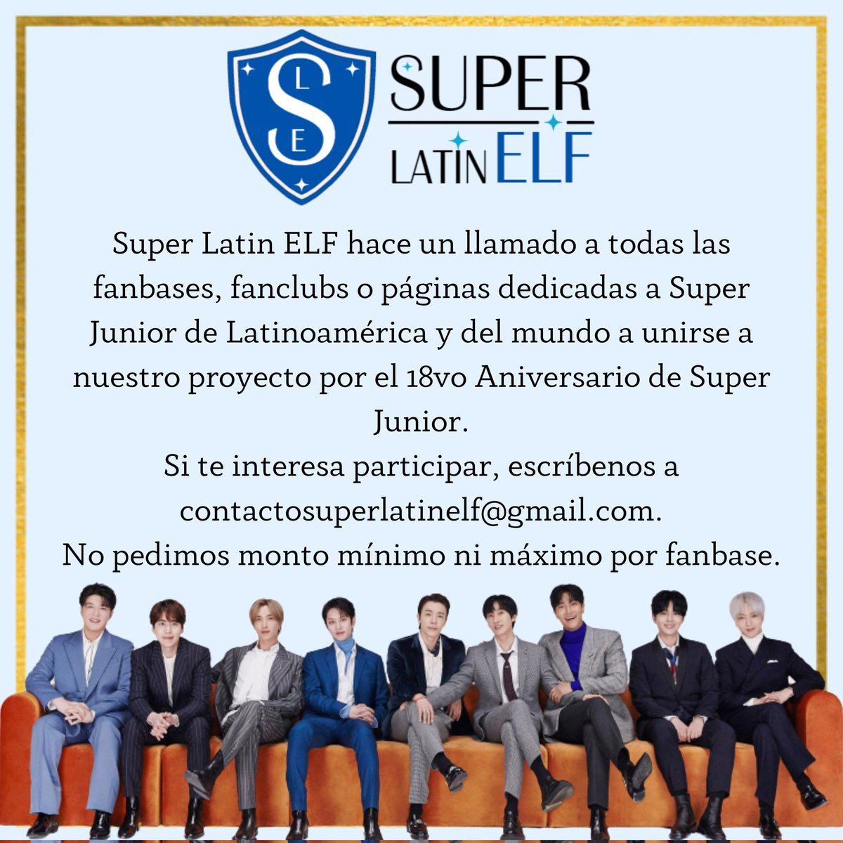 superlatinelf's tweet photo. #SuperLatinELF hace un llamado a todas las fanbases, fanclubs o páginas dedicadas a Super Junior de Latinoamérica y del mundo a unirse a nuestro proyecto por el 18vo Aniversario de @SJofficial 
#superjunior슈퍼주니어 #SuperJunior #ELF #SuperJuniorTheLastManStanding https://t.co/d3WMhiFDVB
