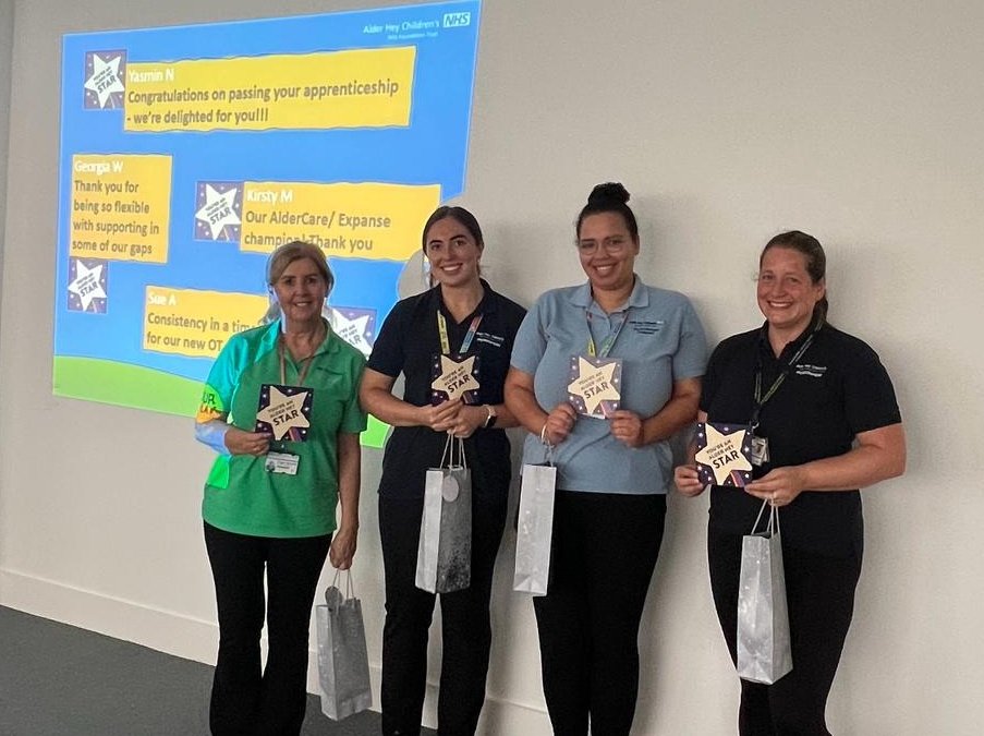 🌟🌟🌟 Congratulations to Sue, Georgia, Yasmin and Kirsty M 🌟🌟🌟    #CommunityTherapy stars at this terms staff meeting. Thank you for all you do @AlderHey 

@AlderHey_AHPs @StaffAdvice @WeAHPs #RewardandRecognition #OurNHSPeople #NHSPeoplePromise