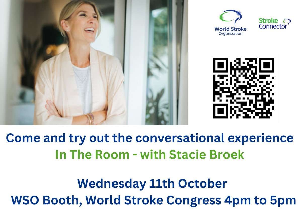 WorldStrokeOrg's tweet photo. 📢We've worked on an exciting project with Stacie Broek @staciebroek and In The Room @intheroomglobal to develop a conversational experience. Come and try out the experience at the WSO booth #WSC2023 from 4 to 5 pm today 11th October. https://t.co/7OdPMv2GMe