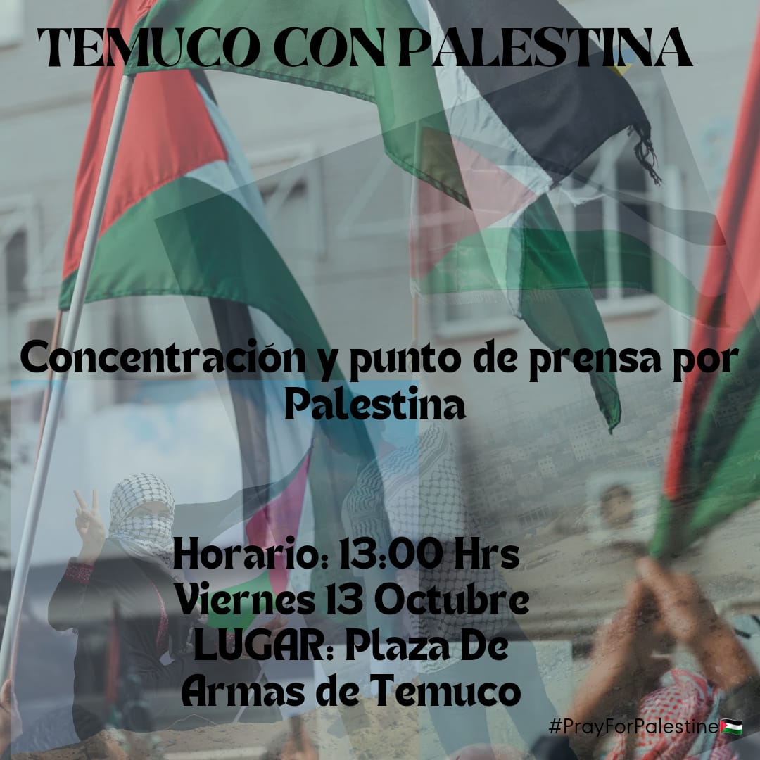 y1m3l's tweet photo. Les invitamos este viernes 13 de octubre a las 12:30 hrs. a realizar una concentración en la Plaza de Armas de Temuco con el fin de  demostrar nuestro apoyo y solidaridad al pueblo palestino ante la difícil situación que nuevamente está enfrentando. https://t.co/Q0cawWjqgk