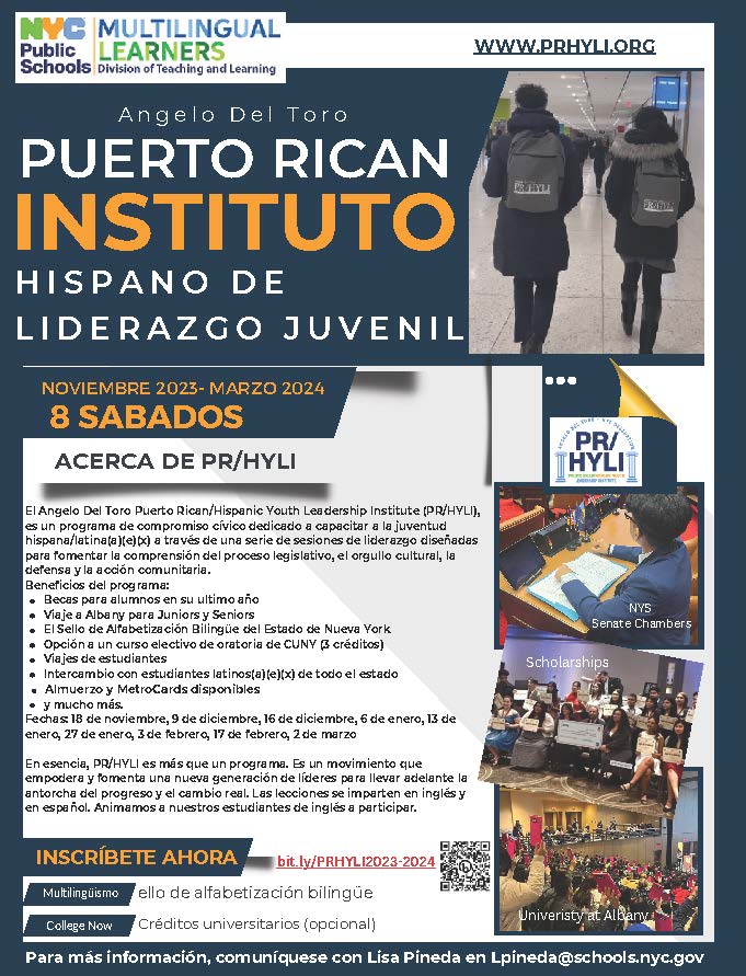 📢 Calling all Latino(a)(e)(x)/Hispanic high school students!

📚 Join the Angelo Del Toro Puerto Rican/Hispanic Youth Leadership Institute to learn about the legislative process, advocacy, and more! Apply by Nov. 1! bit.ly/PRHYLI23-24

🌟 Review flyers to learn more!